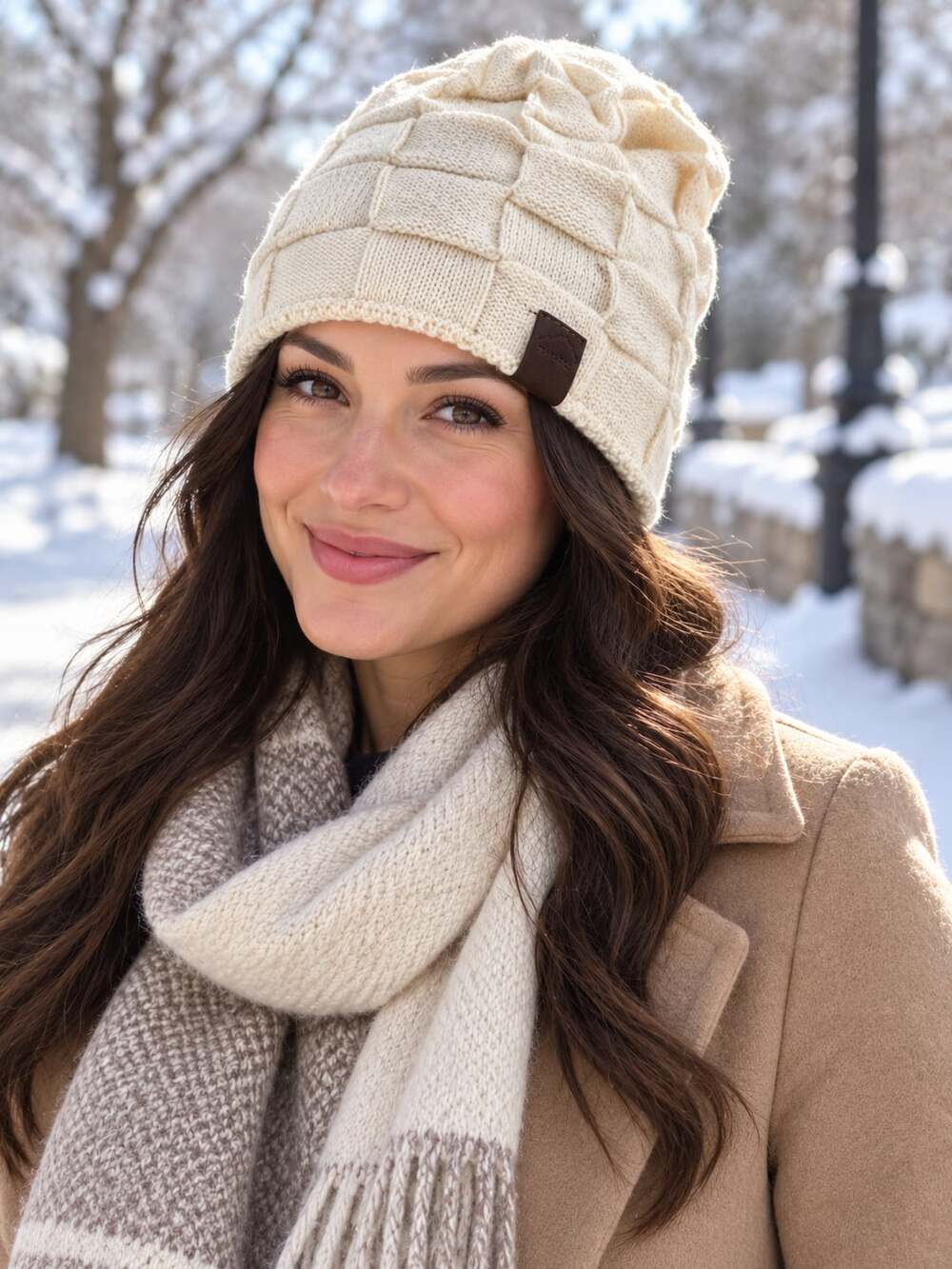 Unbranded Checkered Fleece Lined Winter Knit Beanie Cream